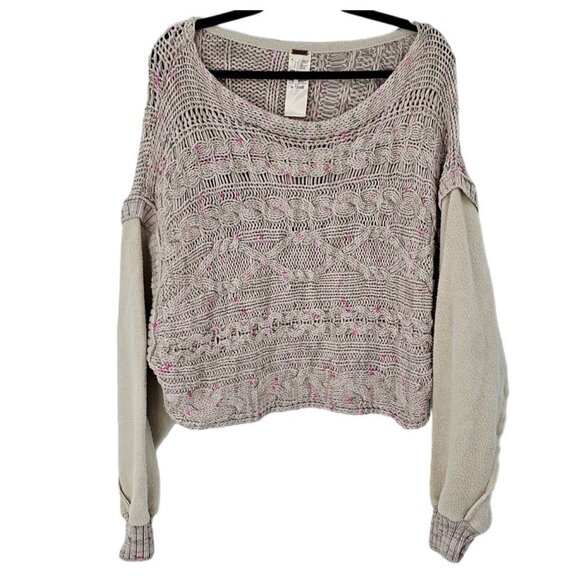 Free People Sweater Medium Cable Knit Fleece Layer Gray Scoop Neck Slouchy - Picture 2 of 9